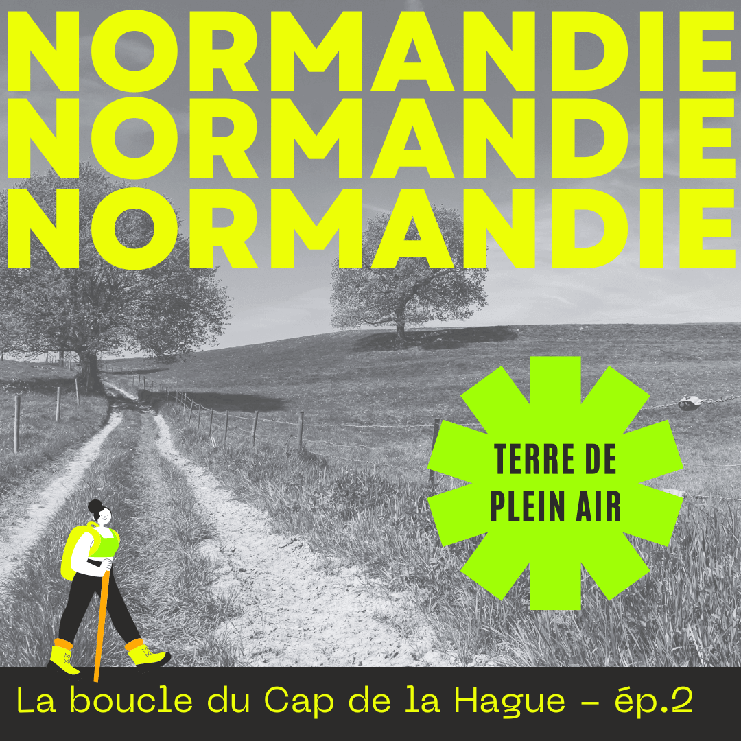 Modèle Canva pour une publication dédiée à la randonnée en Normandie. L’arrière-plan est une photo en noir et blanc d’un chemin de campagne sinueux bordé de clôtures, avec deux arbres isolés sur une colline. En haut, le mot « Normandie » est répété trois fois en très grands caractères jaune fluo. À droite, un macaron étoilé de couleur jaune fluo indique « Terre de plein air ». En bas, sur un bandeau noir, une illustration d’une randonneuse stylisée en jaune fluo chemine avec un sac à dos et un bâton de marche. Le bandeau contient également le texte « La boucle du Cap de la Hague – ép.2 ».