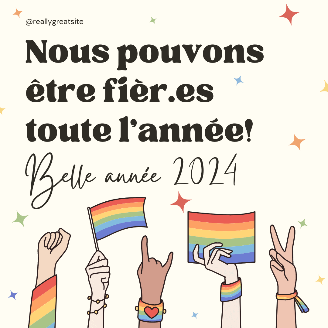 Modèle Canva au style queer et célébratif pour une publication Instagram « Bonne année » : grande illustration arc-en-ciel aux couleurs LGBTQIA+, fond clair et lumineux, texte « Bonne année » centré en typographie moderne multicolore, décoré de confettis et d’étoiles. L’ensemble transmet une esthétique festive, inclusive et fièrement queer.