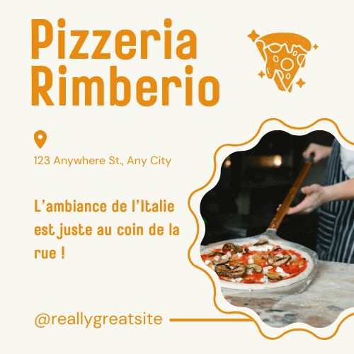 Modèle Canva pour publication Instagram d’un restaurant/pizzeria : fond beige, texte orange vif, photo d’un plat ou d’une pizza visible en arrière-plan, espace en bas dédié à l’annonce d’une offre spéciale ou d’un événement, design dynamique et chaleureux adapté aux réseaux sociaux.