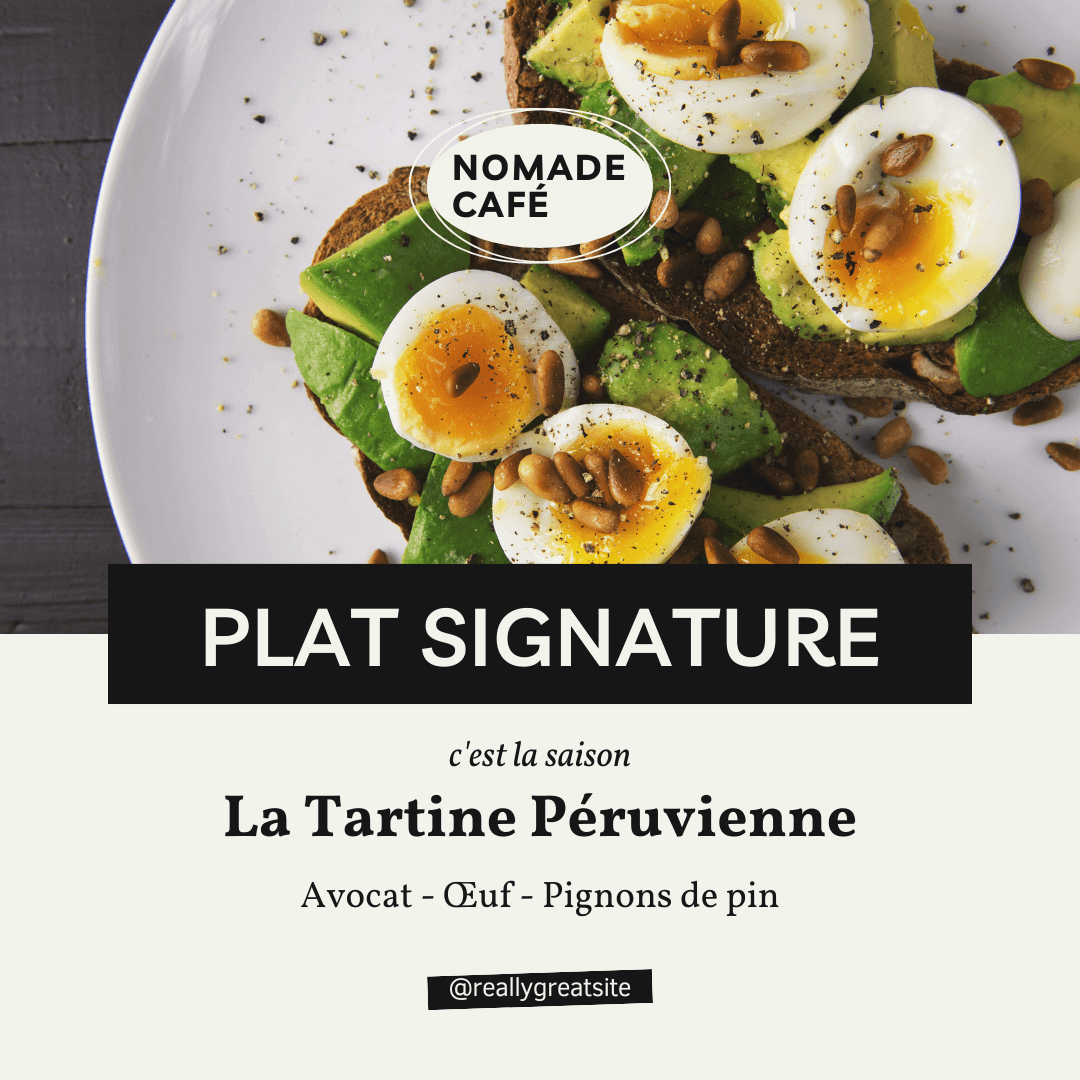 Modèle Canva en noir et blanc pour publication Instagram de restaurant professionnel. Format carré, couleurs noir et blanc cassé. En haut belle photo d'une assiette présentant le plat. Au centre, en lettres sans-serif capitales blanchies, sur étiquette noire "Plat signature". En dessous, "c'est la saison", "La Tartine Péruvienne" et les ingrédients qui composent le plat "Avocat - Oeuf - Pignons de pin", en police sérif moderne. L’ensemble évoque une identité visuelle chic et minimaliste, pensée pour promouvoir un restaurant haut de gamme sur Instagram.