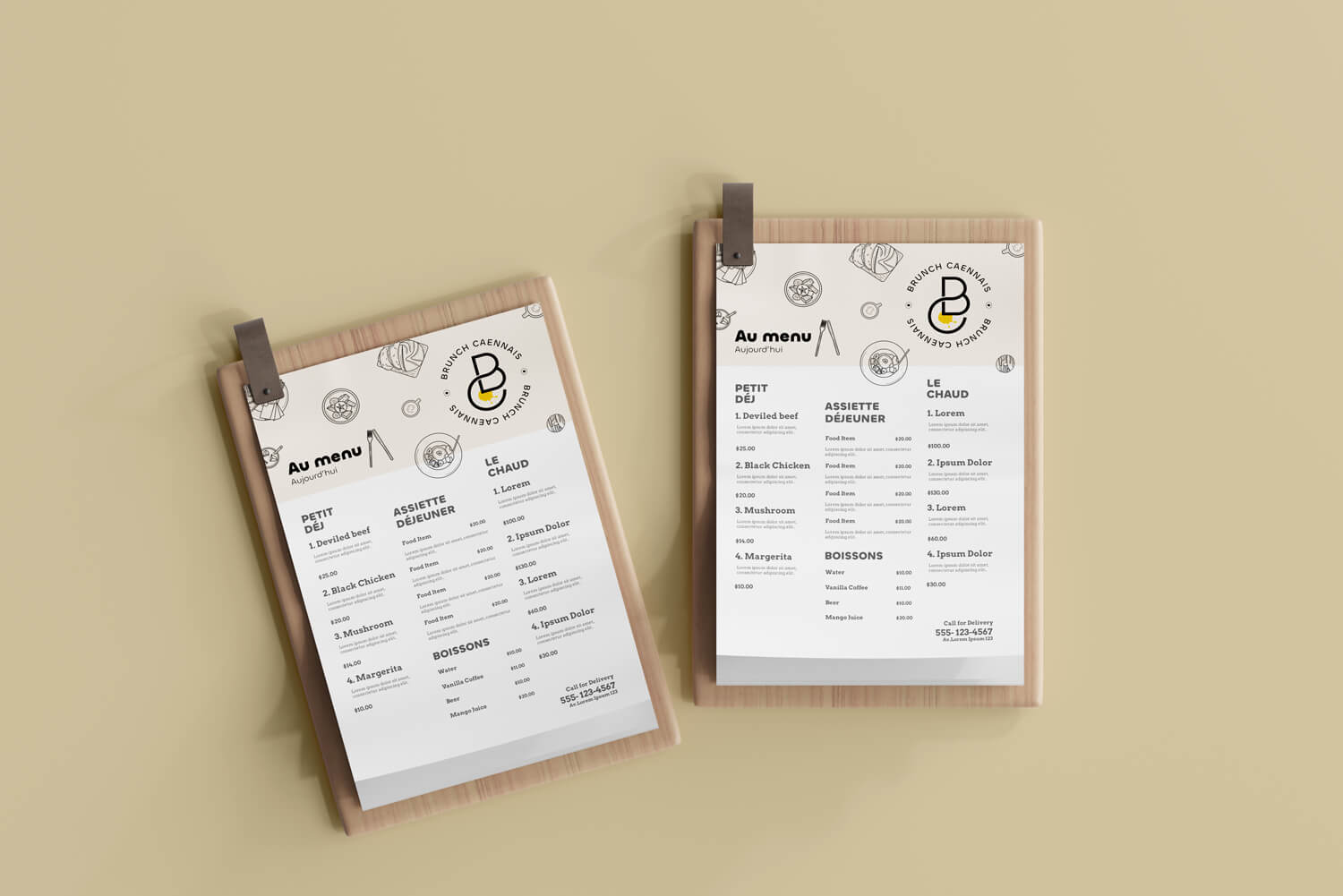 Menu du Brunch Caennais conçu par le studio Nueva Vista, affichant une mise en page claire et moderne avec des illustrations délicates et le logo du café Brunch Caennais, démontrant l'expertise en design de menus pour cafés et restaurants.