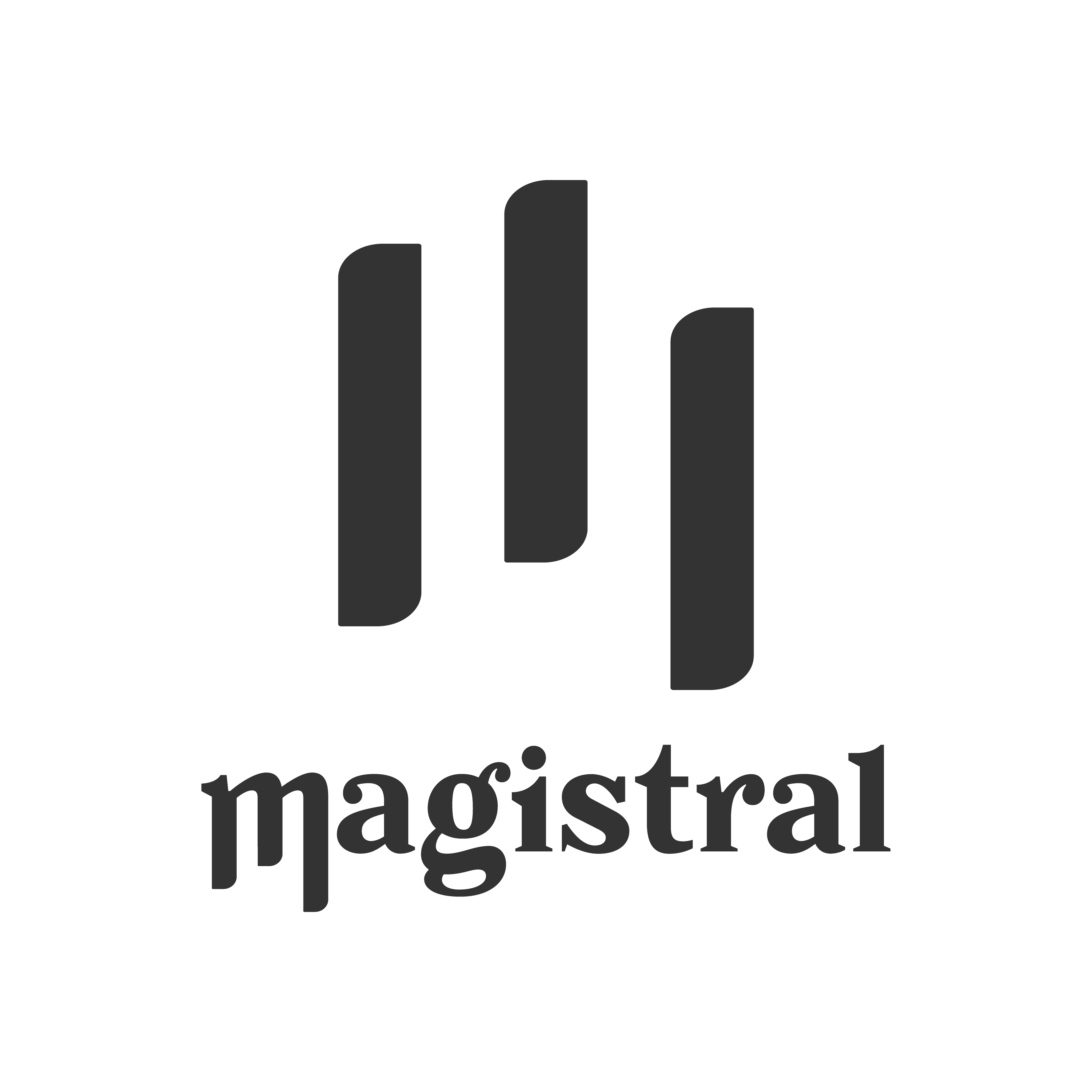 Logo “Magistral” conçu par Gaële Gerbaux du studio nueva vista pour un magasin d’instruments de musique : trois formes verticales arrondies évoquant à la fois des notes et des touches de piano, accompagnées d’un lettrage expressif noir.