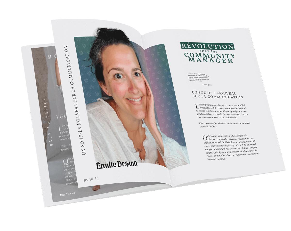 Mockup d’un magazine ouvert présentant une double page mise en page du portrait d’Émilie Drouin accompagné d’un article intitulé “Révolution chez les community manager”, avec une mise en page éditoriale moderne et aérée.