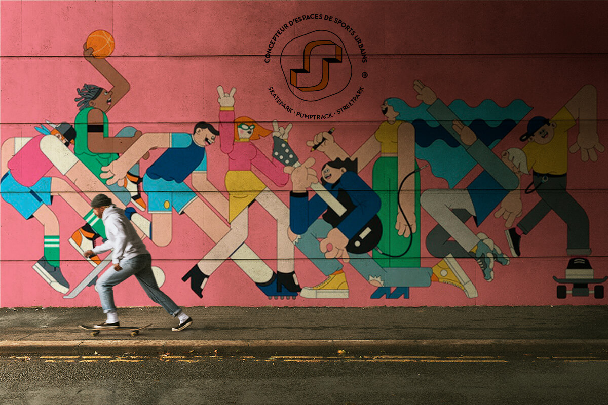Mockup d’un mural coloré représentant des personnages en mouvement, avec le logo “System” conçu par Gaële Gerbaux du studio nueva vista, apposé en surimpression au centre. Un skateur passe au premier plan, créant une mise en situation réaliste pour un concepteur d’espaces de sports urbains (skatepark, pumptrack, streetpark).