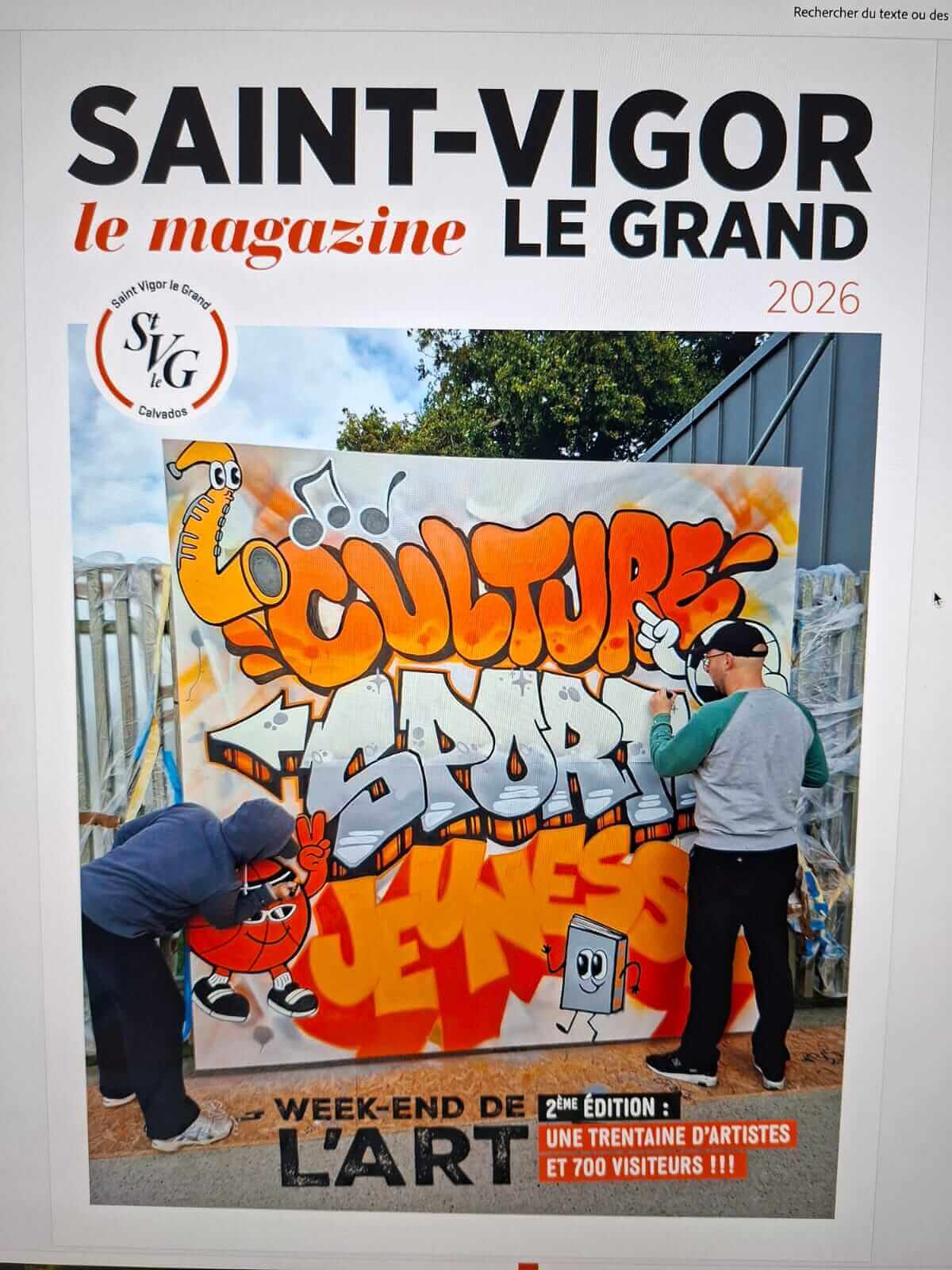 Couverture du magazine Saint-Vigor le Grand 2026 - fresque lettering "Culture Sport Jeunes" peinte à la main, Week-end de l'Art, Calvados